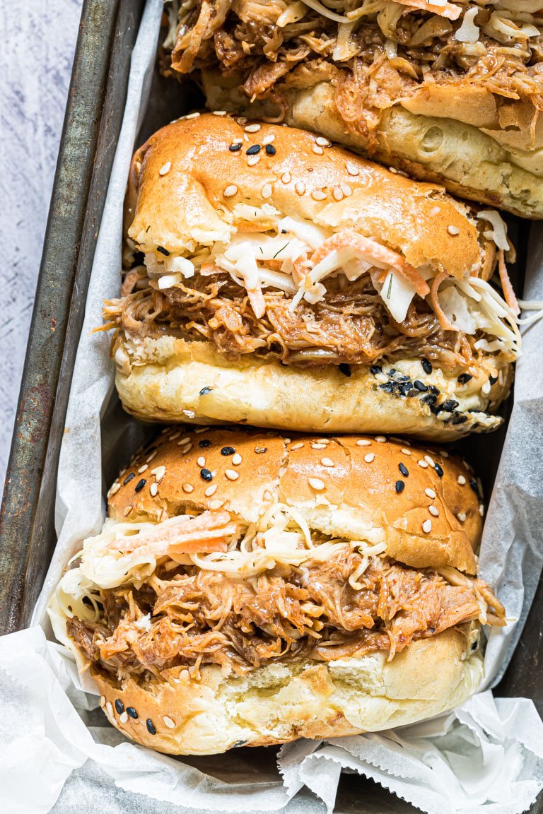 close up view of the finished instant pot pulled chicken sandwiches