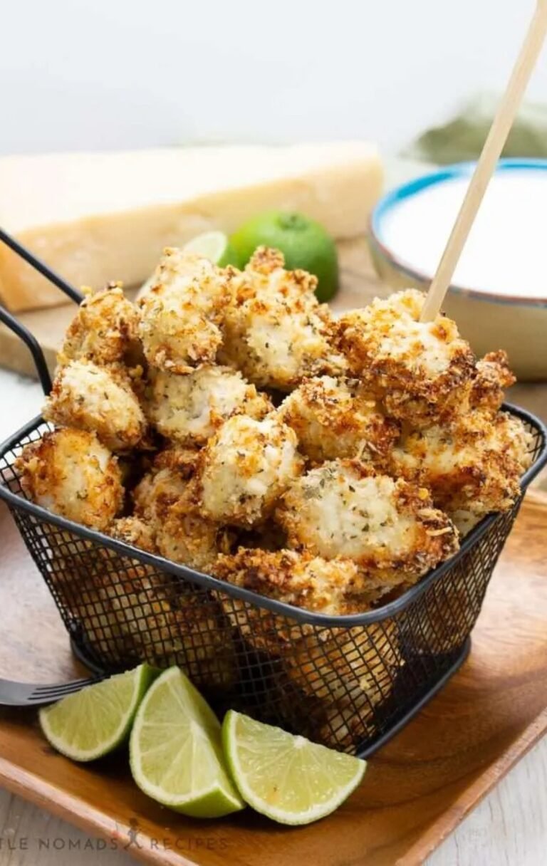 Air Fryer Chicken Bites in a silver square basket.