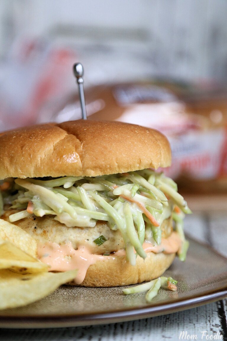 Asian chicken burger with broccoli slaw