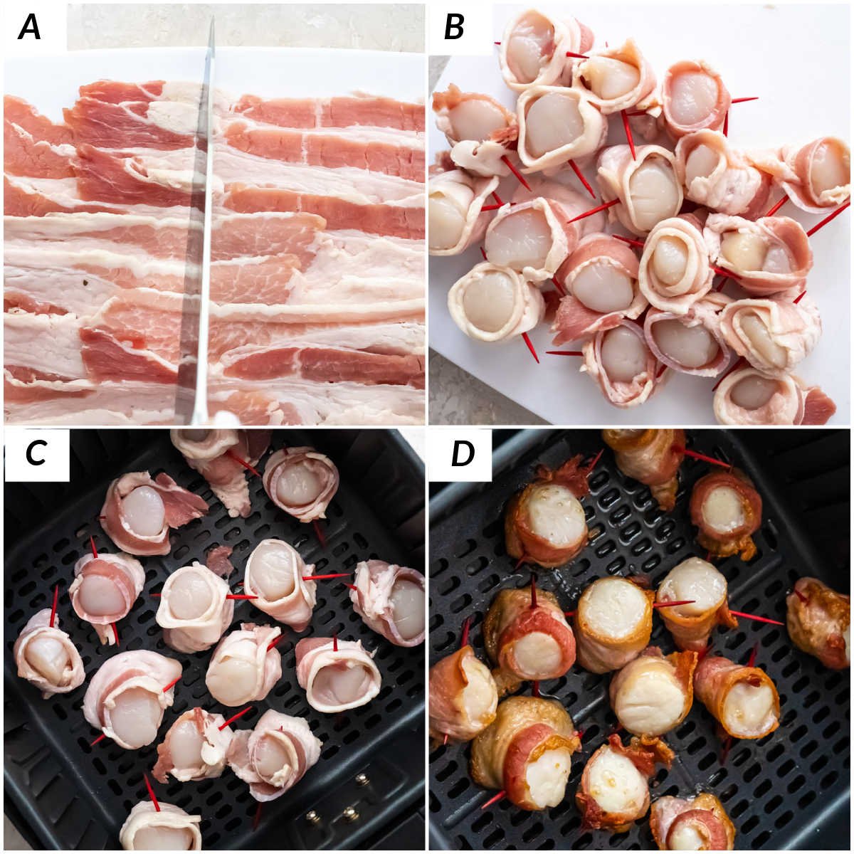 image collage showing the steps for making this bacon wrapped scallops air fryer recipe