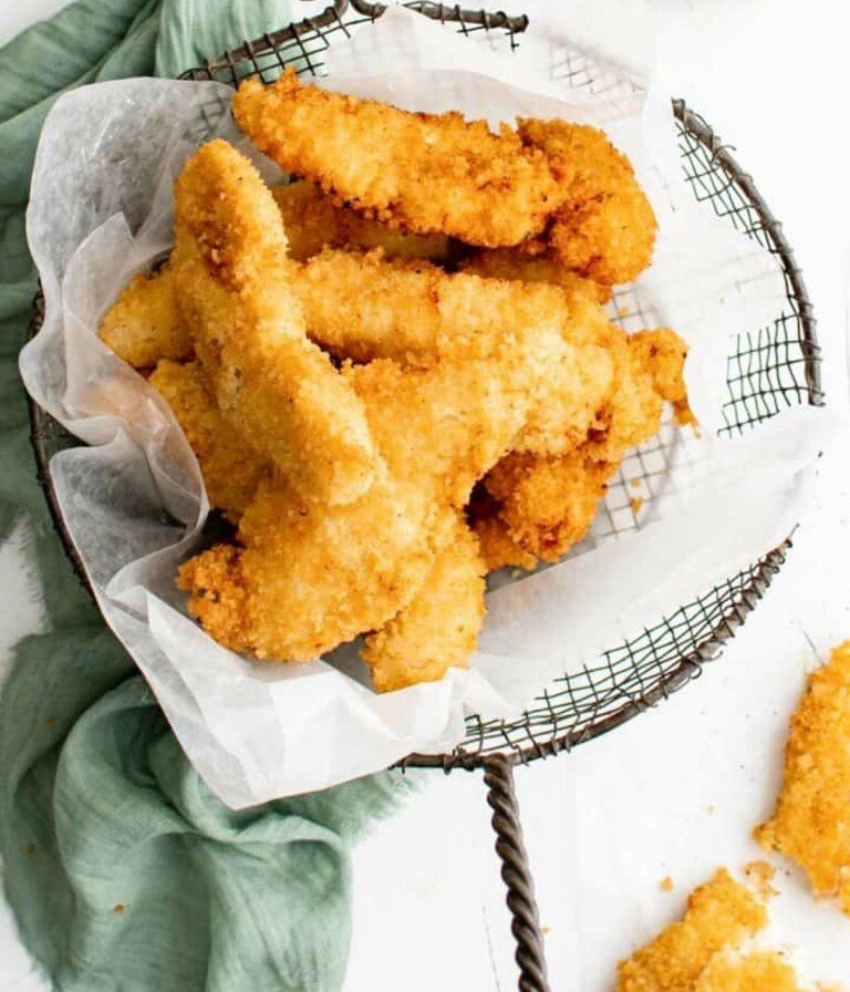 Buttermilk Chicken Tenders in a metal container.