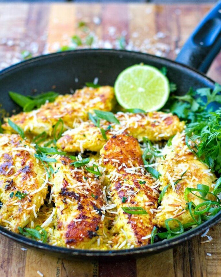 Coconut Yoghurt Chicken in a black frying pan.