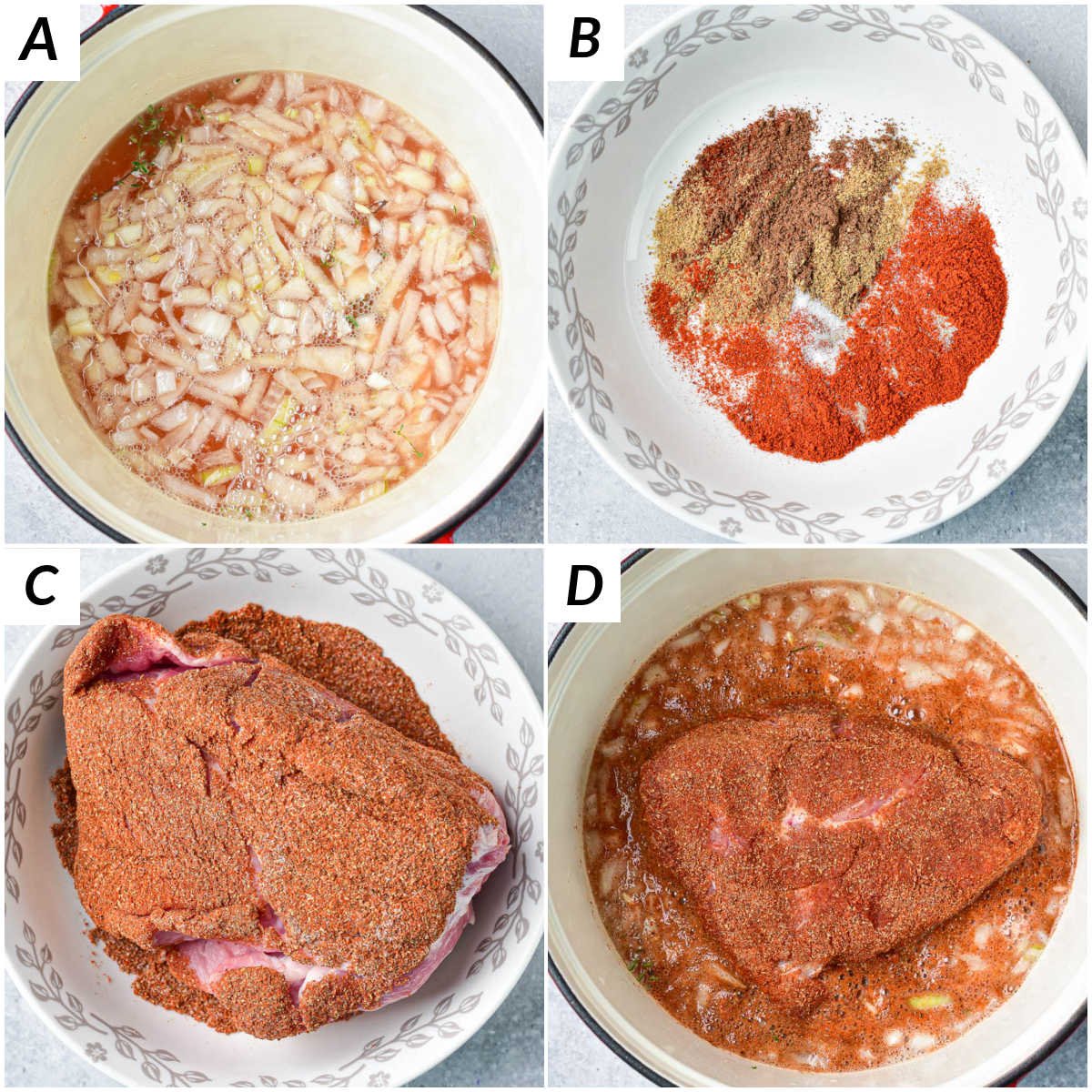 image collage showing the first steps for making dutch oven pulled pork