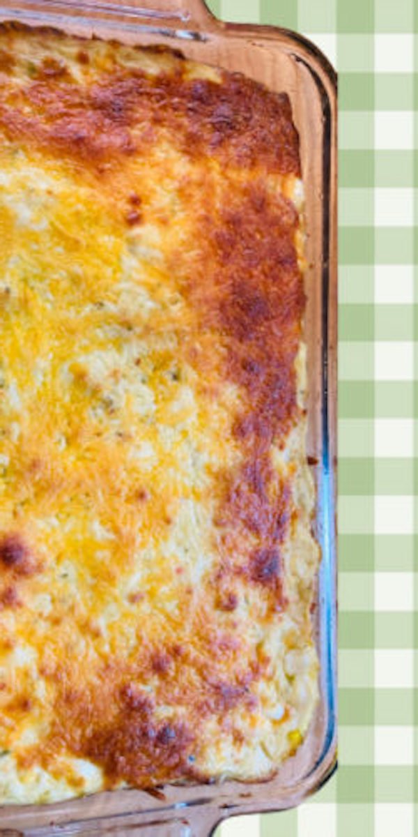 close up view of the finished green chili chicken casserole