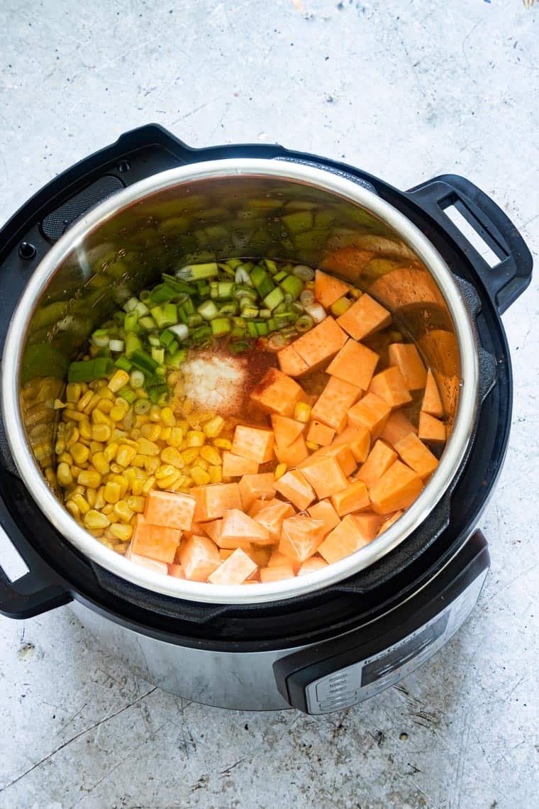 Ingredients for making instant pot corn chowder in the pressure cooker