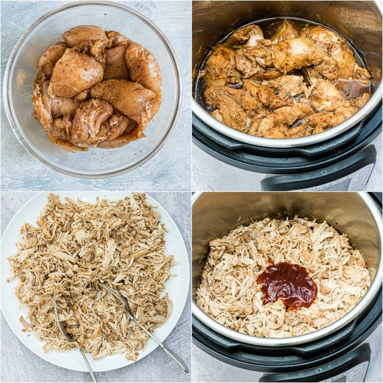 image collage showing the steps for making instant pot pulled chicken