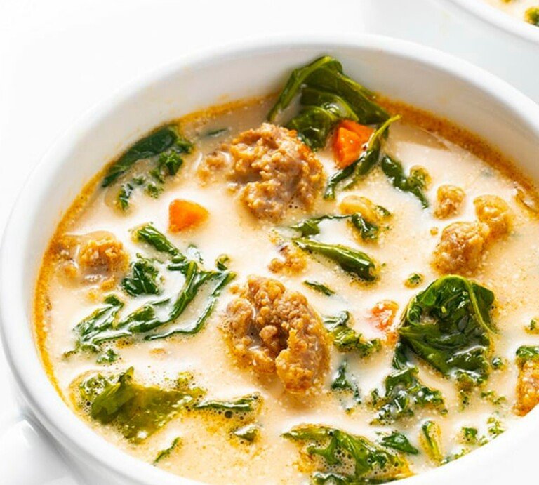 Italian Sausage Kale Soup in a soup bowl.