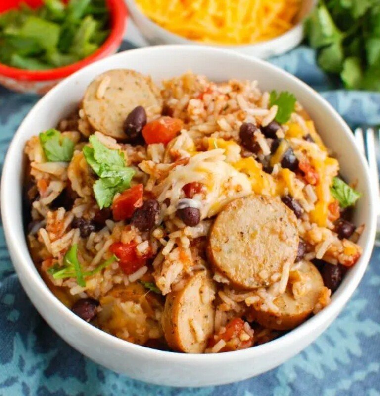 Sausage and Bean Casserole in a white bowl.