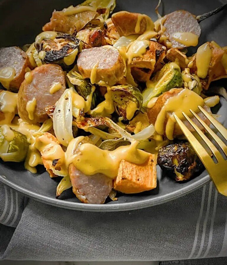 Sheet Pan Sausage in a grey plate.