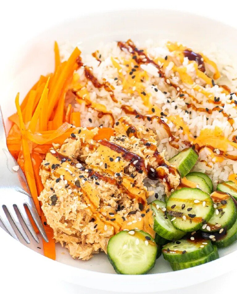 Spicy Tuna Bowl in a white bowl with a silver fork.