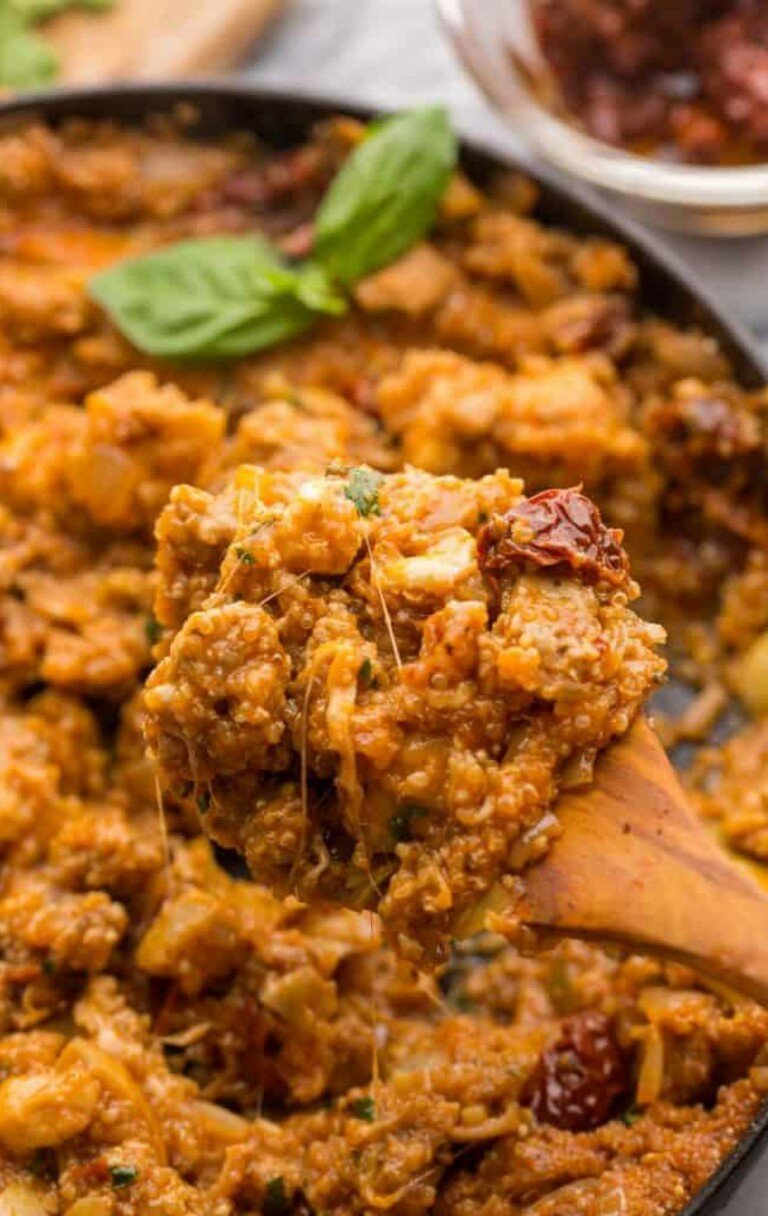 Stove Top Italian Sausage Quinoa Casserole in a brown casserole dish.