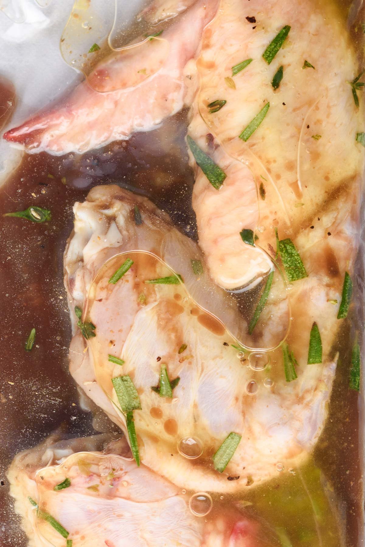 wings covered in marinade inside a ziptop plastic bag