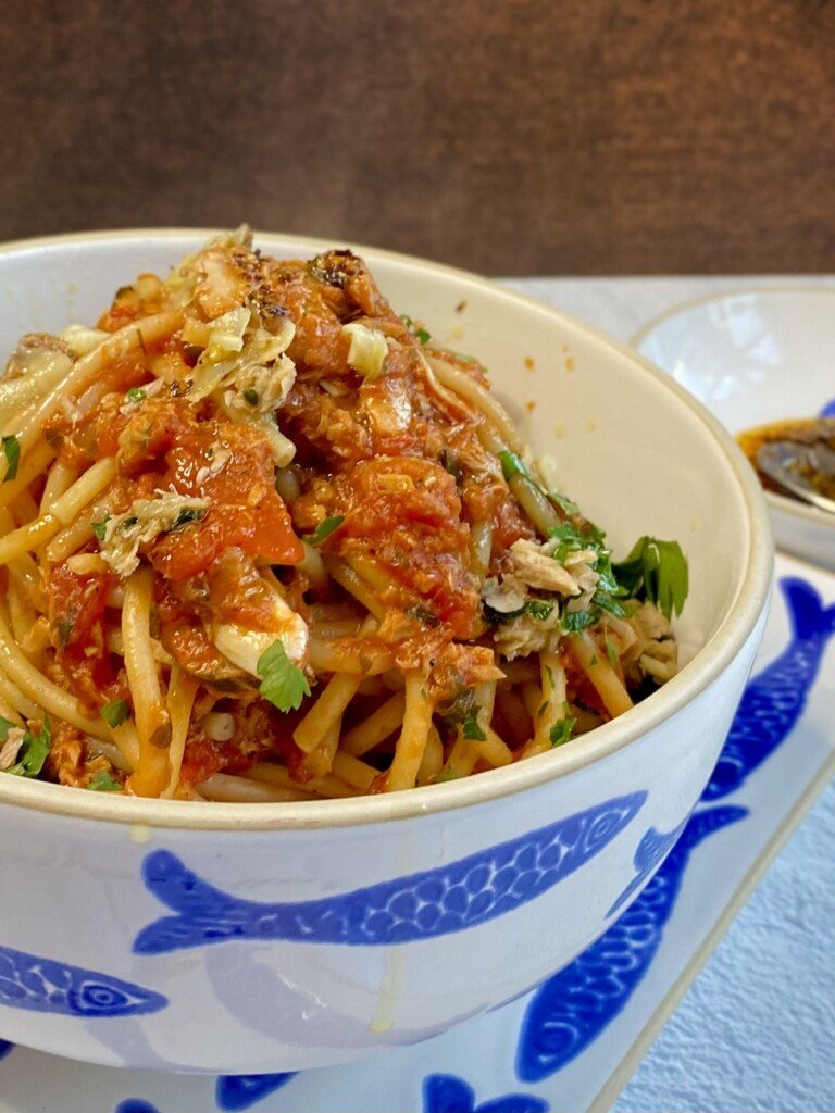 Tuna Ragu in a blue and white patterned bowl.