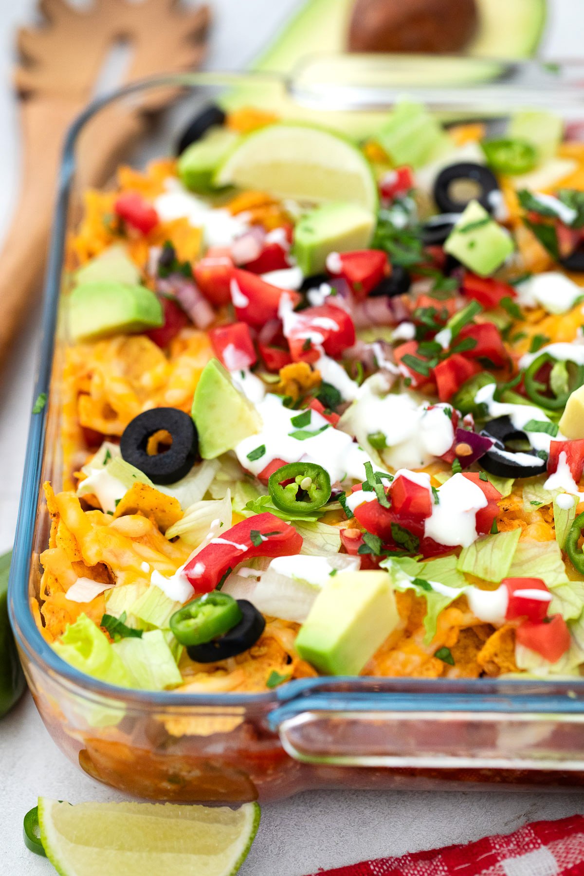 Close uop view of a Walking Taco Casserole in the casserole dish.