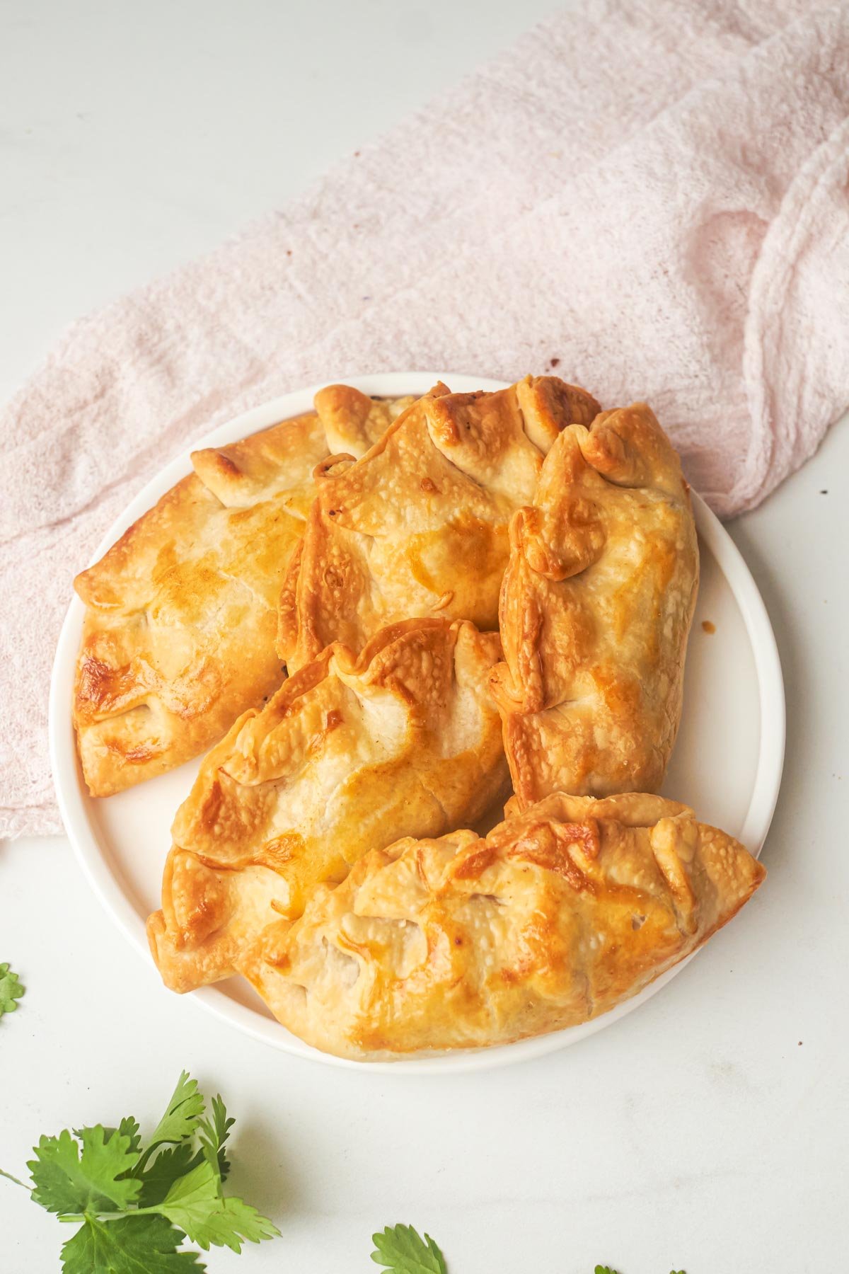 top down view of a plate filled with cooked air fryer empanadas