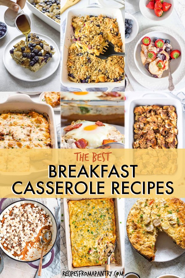 A collage of images of breakfast casseroles.