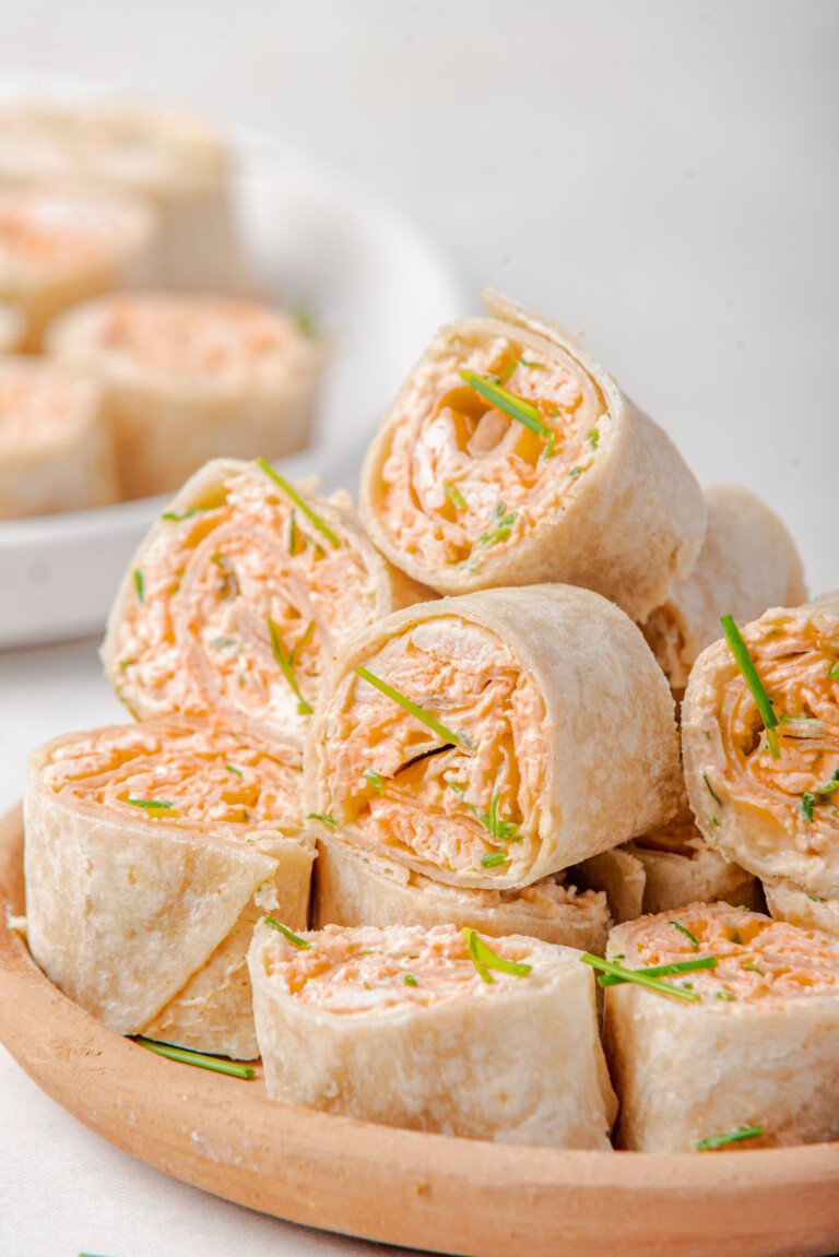 the finished buffalo chicken pinwheels served on a plate