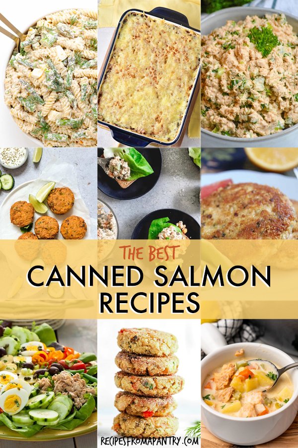 A collage of images of dishes made with canned salmon