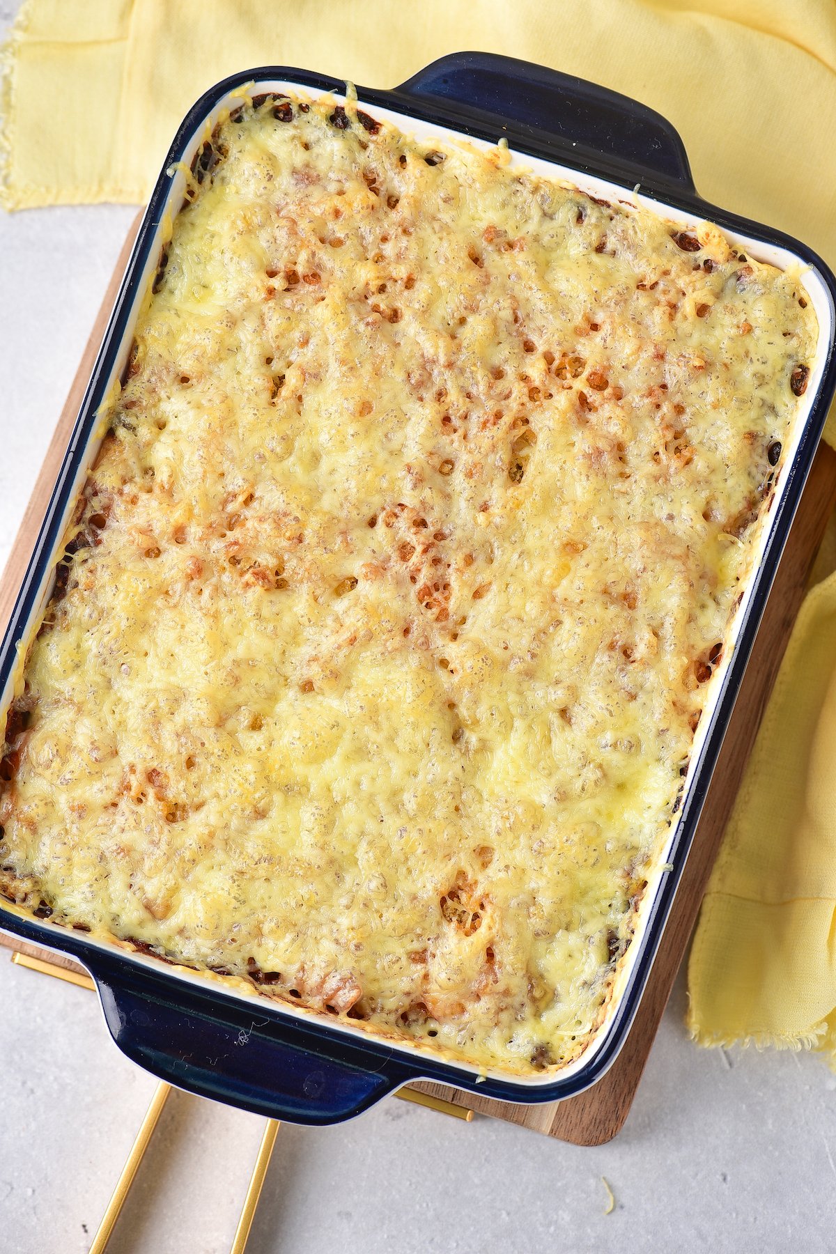 top down view of the cheesy tuna casserole ready to be served