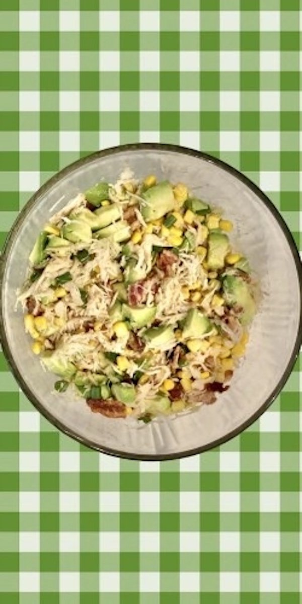 top down view of the finished chicken avocado salad