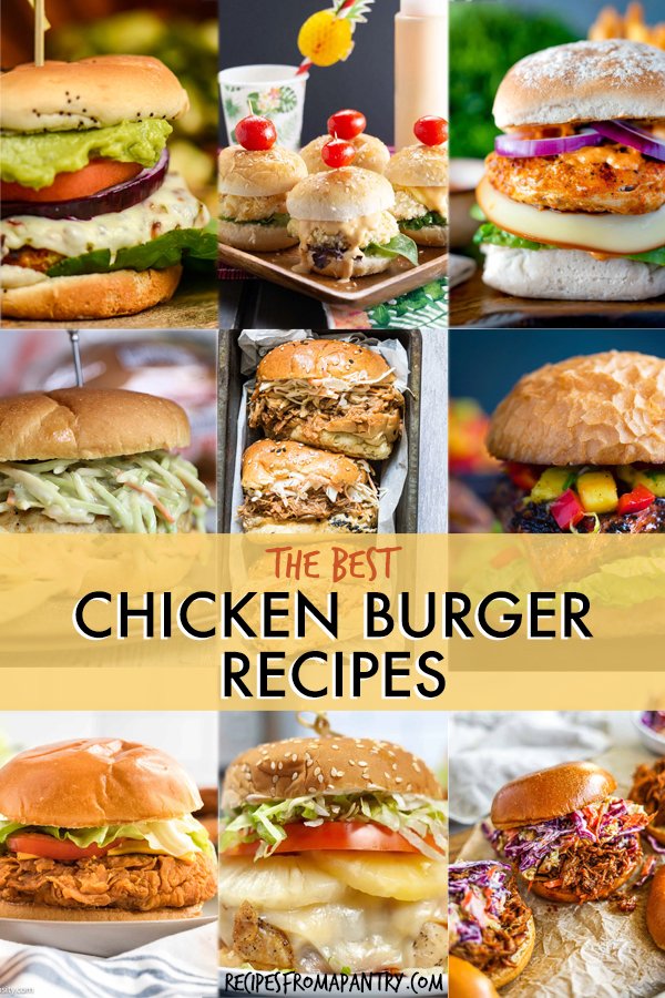 A collage of images of different types of chicken burgers.