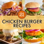 A collage of images of different types of chicken burgers.