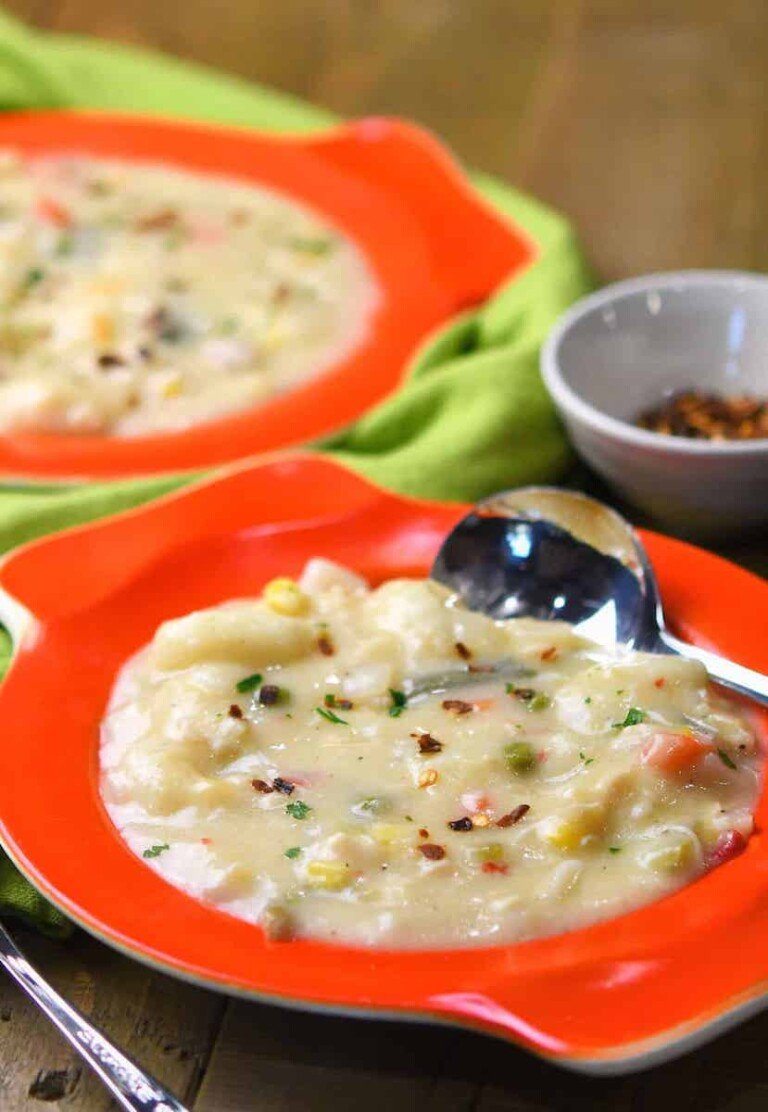 two bowls of chicken pot pie soup