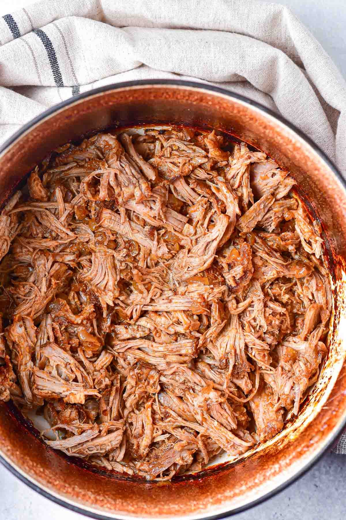 top down view of dutch oven pulled pork ready to be served