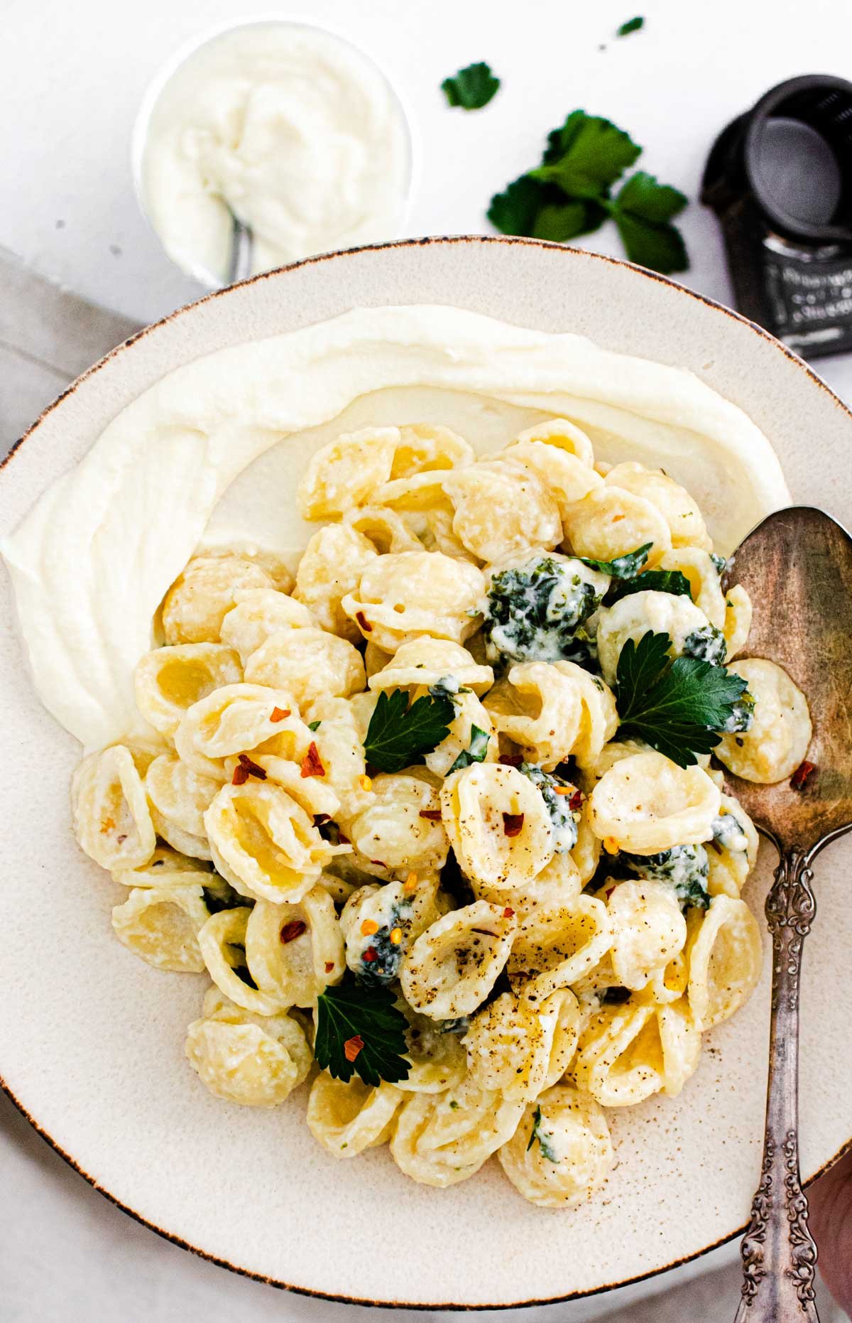 close up view of instant pot orecchiette on a plate