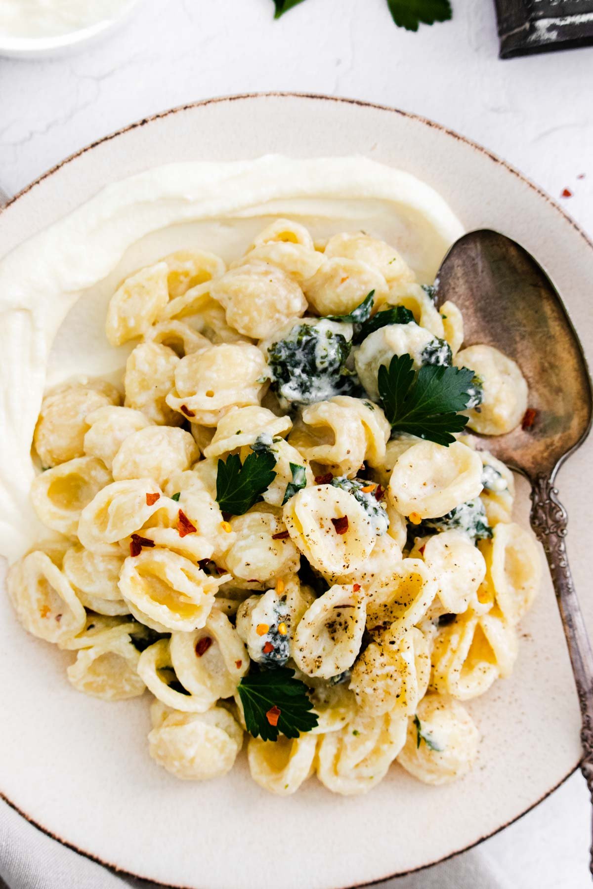 a plate of instant pot orecchiette ready to be served