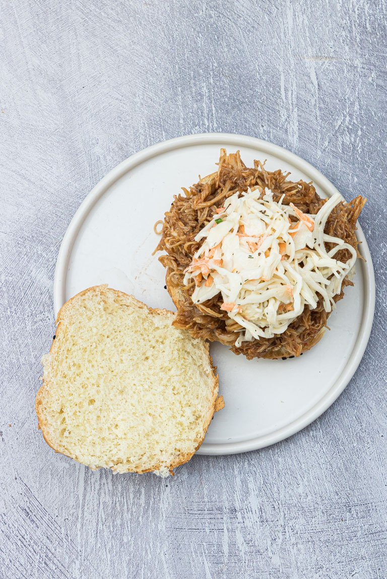 top down view of making an instant pot pulled chicken sandwich