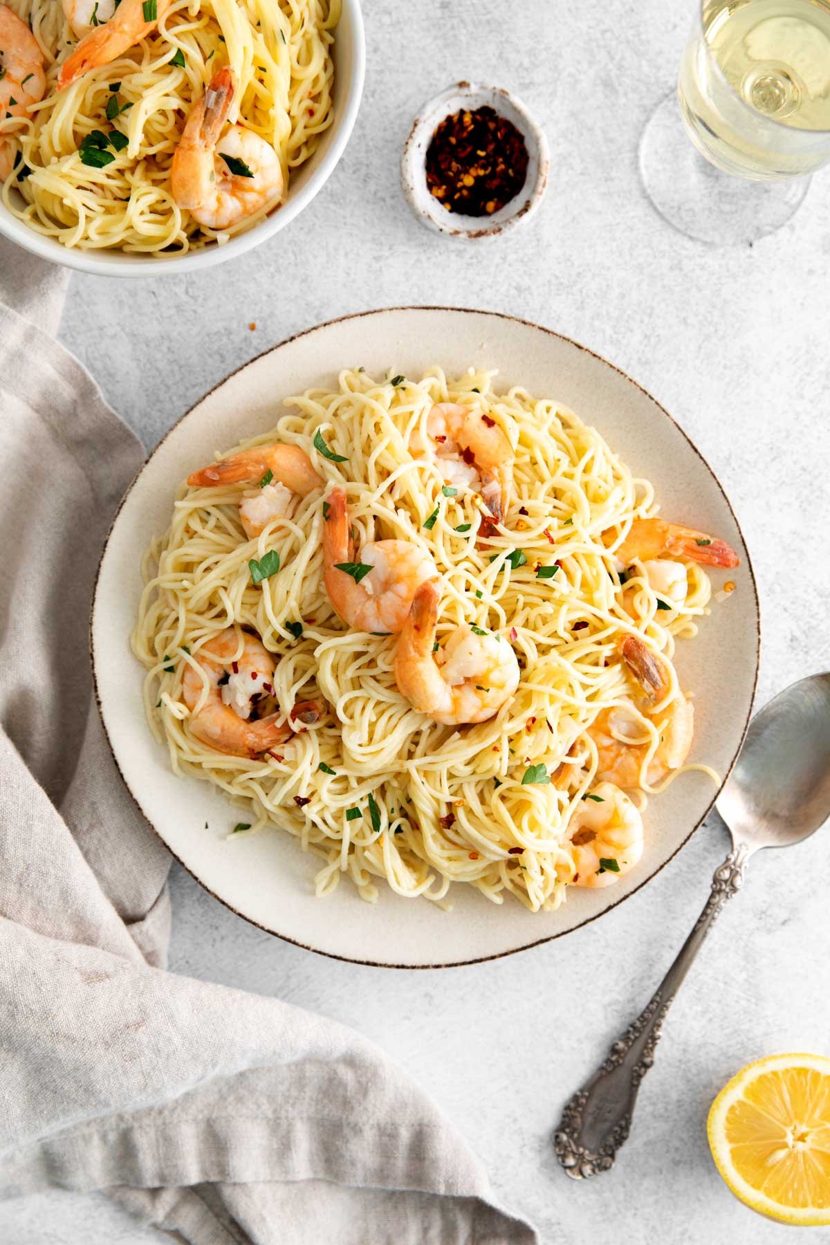 top down view of the completed instant pot shrimp scampi recipe