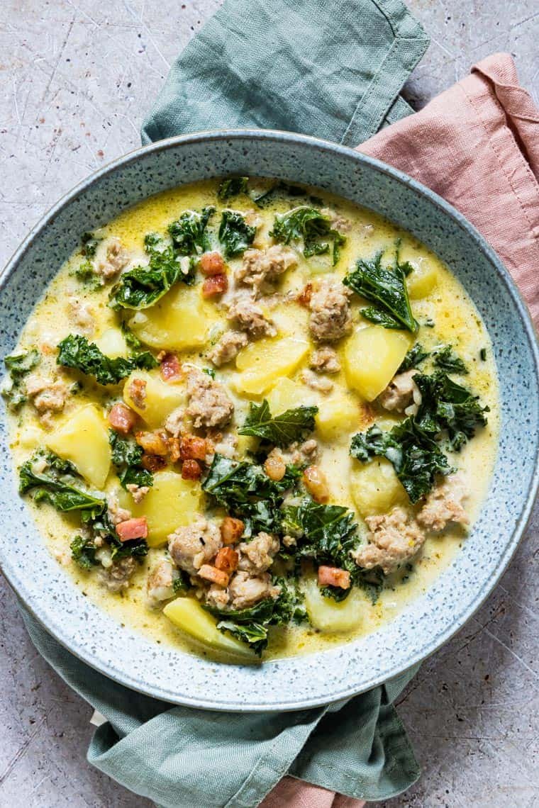 top down view of a bowl filled with Instant Pot Zuppa Toscana