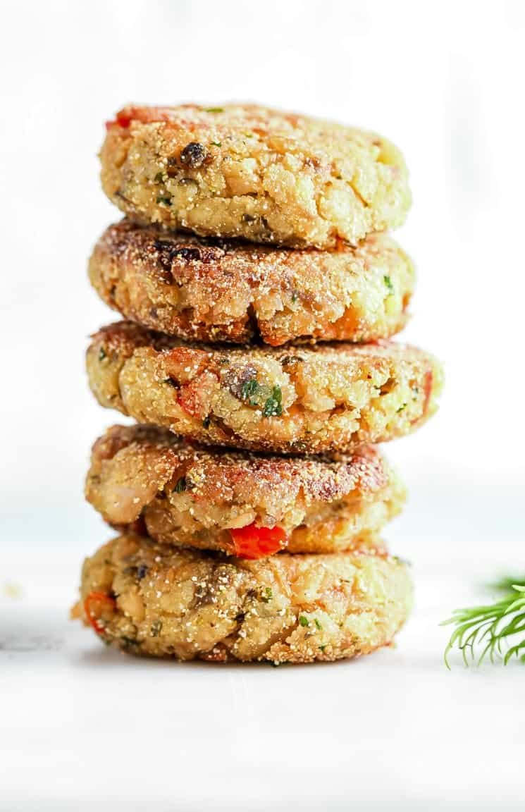 a stack of cooked salmon croquettes