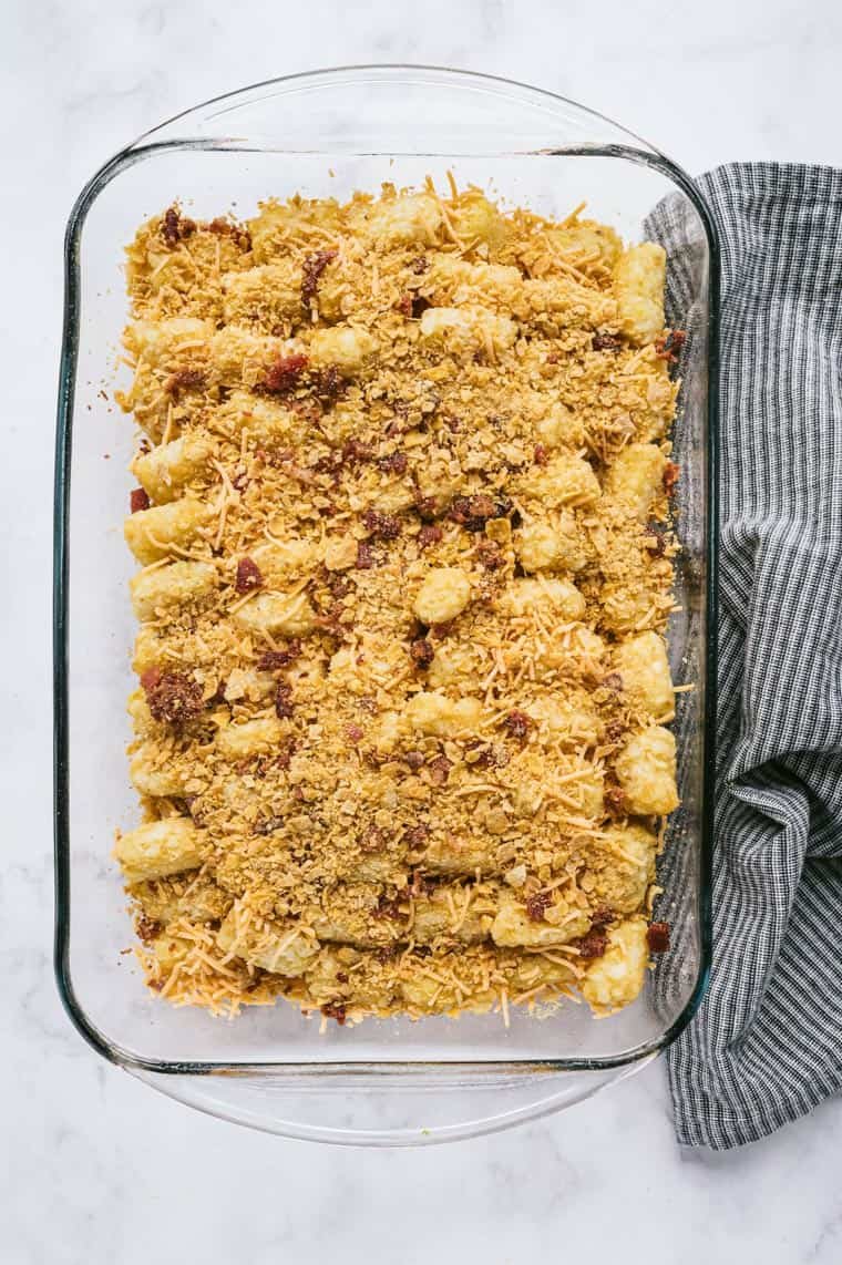 top down view of completed tater tot casserole